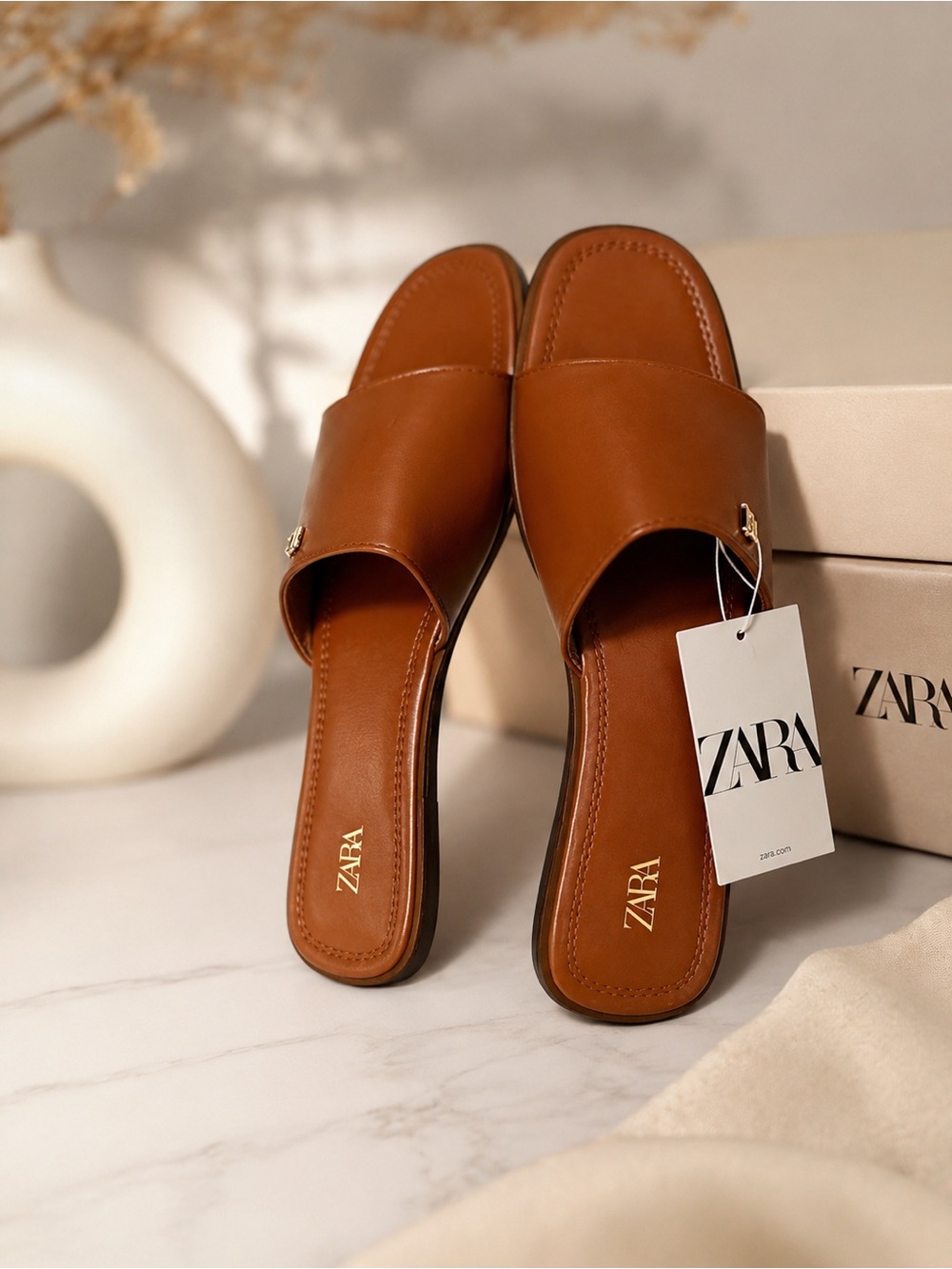 Zara Brown Leather Slide Mules